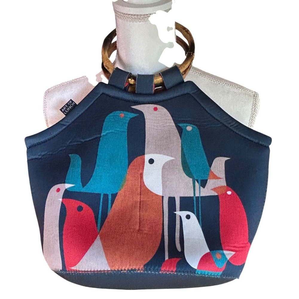 Art of Lunch Tote Bag Neoprene Bamboo Handle OS Navy Bird Print Good MCM style